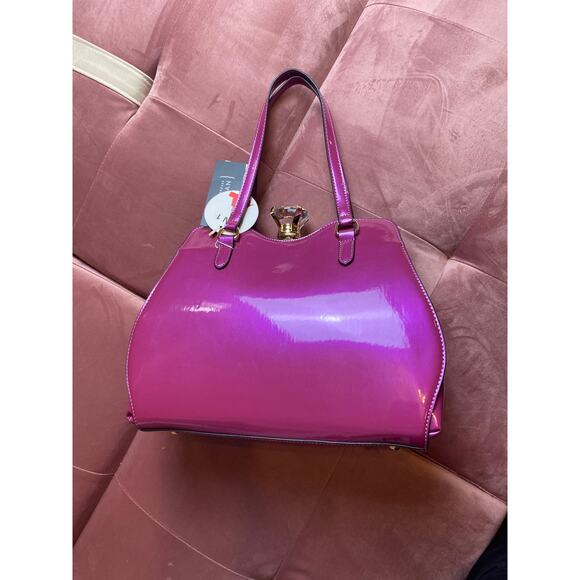 Le Miel Purple Glossy Patent Leather Faux Diamond 2-n-1 2x Handle Handbag RARE - Picture 6 of 16